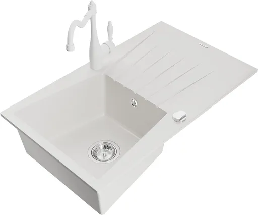 MEXEN/S Cesar granitový dřez 1-miska s odkapávačem včetně baterie Carla, bílá 6514-20-670700-20