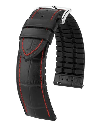 Řemínek Hirsch George - černý, červené prošití - 20 mm - L – Standardní délka (doporučujeme) - 18 mm - Stříbrná