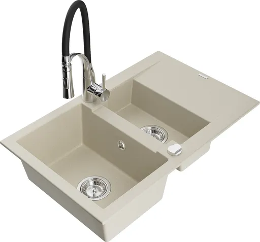 MEXEN/S Gaspar granitový dřez 1.5 s odkapávačem včetně baterie Aster, béžová 6507-69-73450-07