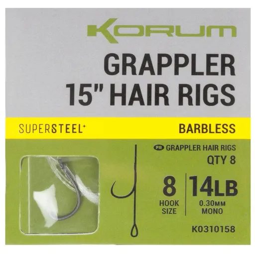 Korum návazec grappler 15” hair rigs barbless 38 cm - velikost háčku 8 průměr 0,30 mm nosnost 14 lb