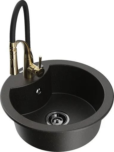 MEXEN/S Diego granitový dřez 1-miska včetně baterie Aster, černá/zlatá metalik 6512-75-73450-57-B