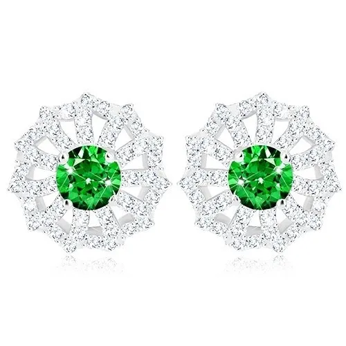 Rhodiované náušnice, stříbro 925, květ - čiré zirkonové lupínky a zelený střed