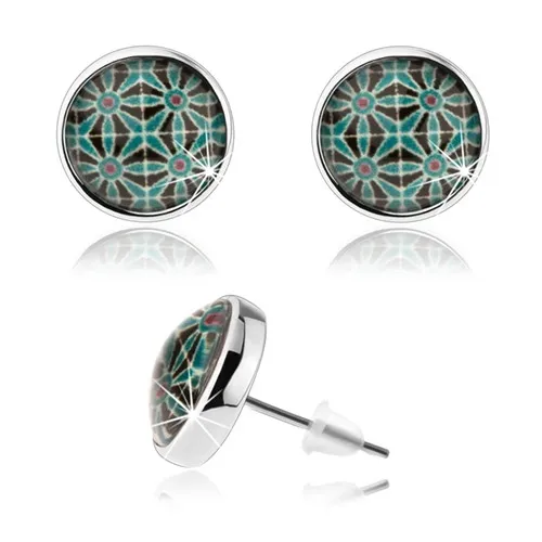 Náušnice kabošon, čiré sklo, stříbrná barva, symetrický obrazec - květy