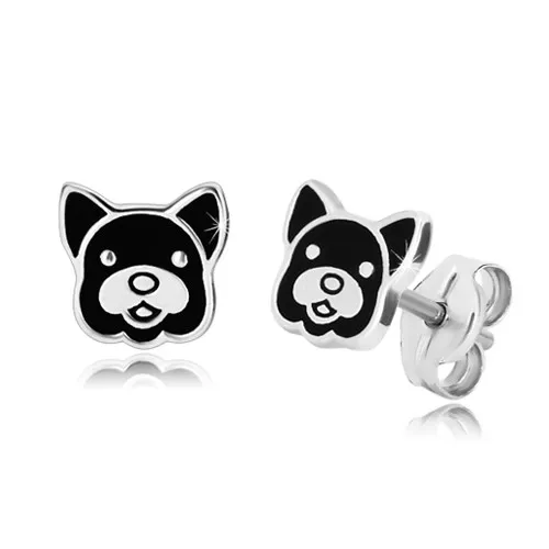 Stříbrné náušnice 925 - hlava pejska zdobená glazurou černé barvy, puzetky