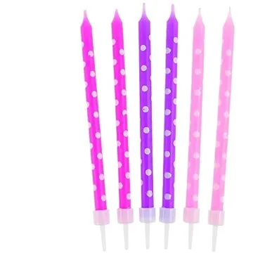 Svíčky dortové, 10cm, se stojánkem, puntíky, fialové, růžové, 24ks (5901238624431)