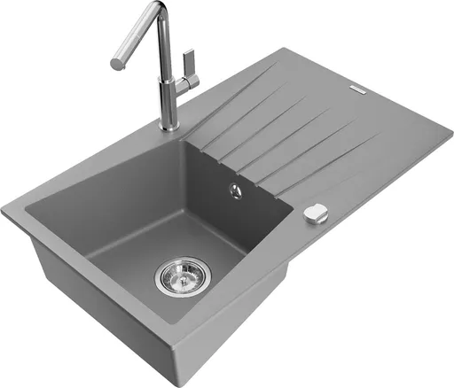 MEXEN/S Cesar granitový dřez 1-miska s odkapávačem včetně baterie Flora, šedá 6514-71-670401-00