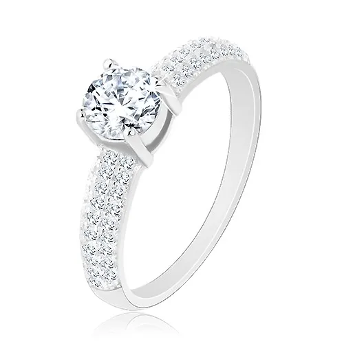 Stříbrný prsten 925, zirkonové linie na ramenech, kulatý čirý zirkon - Velikost: 62