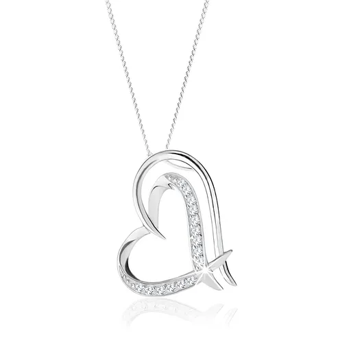 Stříbrný náhrdelník 925, zdvojená kontura nepravidelného srdce, čiré zirkonky