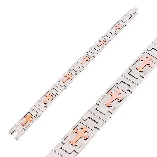 Náramek z oceli 316L stříbrné barvy s liliovým křížem v měděném odstínu