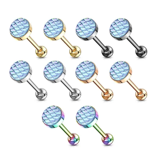 Piercing do jazyku z chirurgické oceli, plochá hlavička, efekt rybích šupin, PVD - Barva: Černá