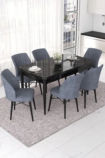 Extendable Dining Table & Chairs Set (7 Pieces) Nef - Black Marble, Fume