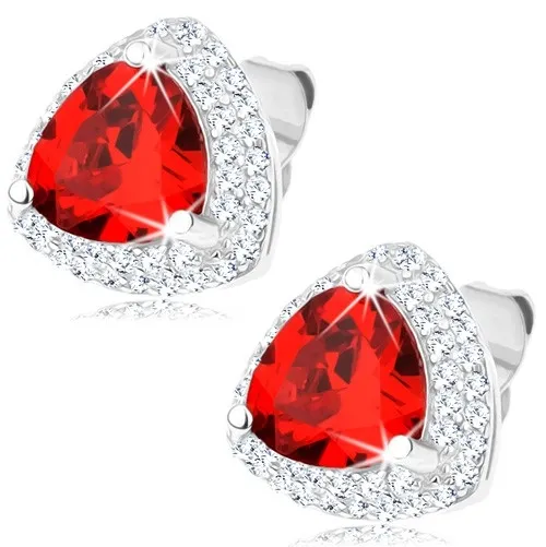 Puzetové náušnice ze stříbra 925, červený zirkonový trojúhelník, čirý lem