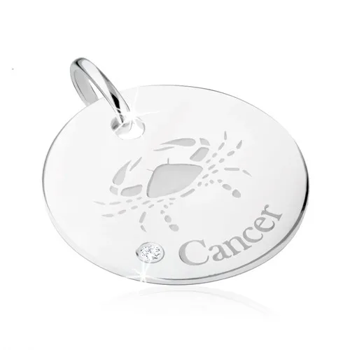 Kruhový přívěsek ze stříbra 925, znamení zvěrokruhu RAK, čirý kamínek