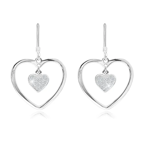 Stříbrné náušnice 925, kontura srdce, zirkonové srdíčko, afro háček