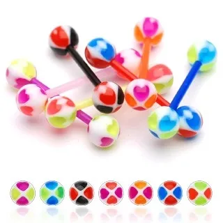 Piercing do jazyka - veselá kulička, barevná srdíčka - Barva piercing: Černá - Červená
