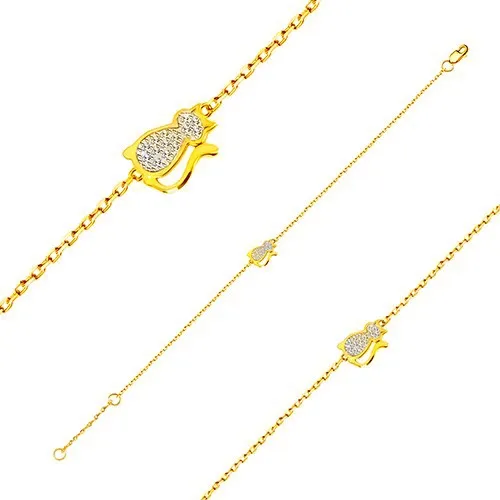 Náramek v kombinovaném zlatě 585 - kočička se zirkony, tenký řetízek