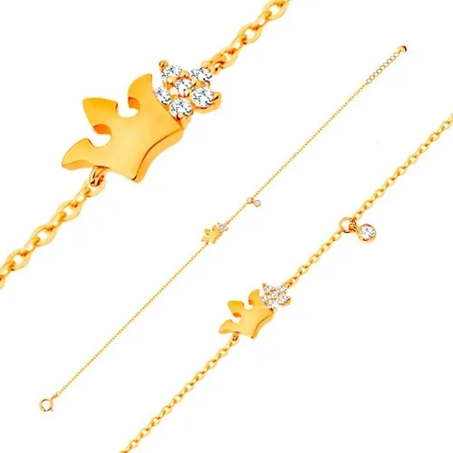 Náramek ze žlutého 14K zlata - lesklá korunka a čirý zirkonový květ, 180 mm