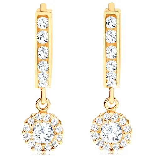 Náušnice ve žlutém 14K zlatě - kroužek s visícím třpytivým kvítkem