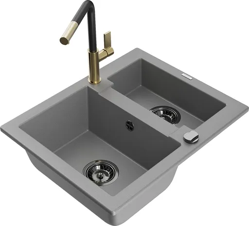 MEXEN/S Carlos granitový dřez 1.5 včetně baterie Flora, šedá 6518-71-670401-57-B