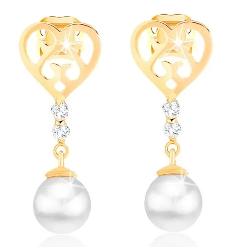 Náušnice ze zlata 585 - srdce s vyřezávanými ornamenty, brilianty a perlou