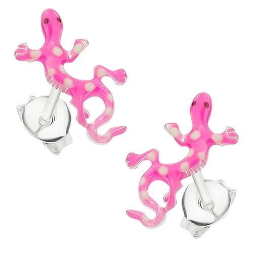 Stříbrné náušnice 925, puntíkovaná ještěrka, tmavě růžová a bílá glazura