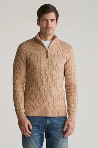 SVETR GANT COTTON CABLE HALF ZIP KHAKI MEL