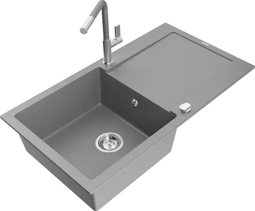 MEXEN/S Leo granitový dřez 1 s odkapávačem včetně baterie Flora, šedá 6501-71-670401-06