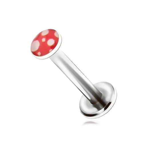 Ocelový piercing do brady, bílé bublinky na červeném podkladu