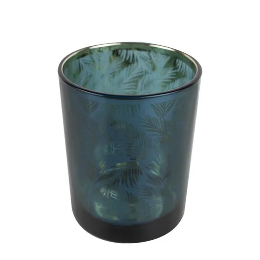 Skleněný svícen v petrolejové barvě s dekorací palmových listů - Ø 10*12cm Mars & More
