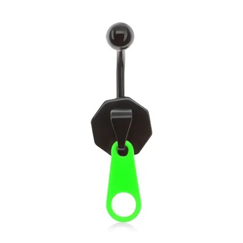 Ocelový piercing do bříška, černozelený zip
