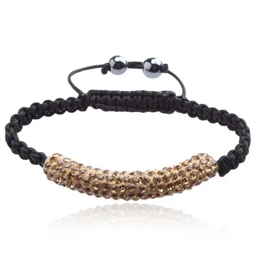 Náramek Shamballa, hnědožlutý váleček s kamínky, černá šňůrka