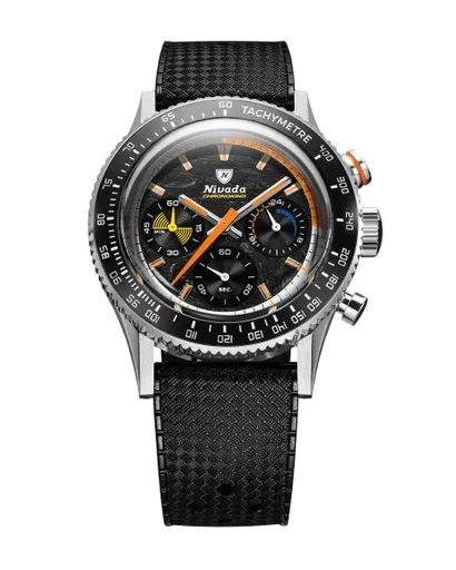 Nivada Grenchen Chronoking Mecaquartz Racing Carbon - Inter. Bezel - Black Rubber Tropic