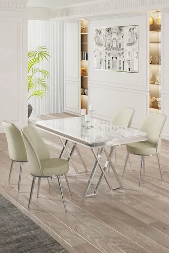 Dining Table & Chairs Set (5 Pieces) Vals - White, Chrome, Cream