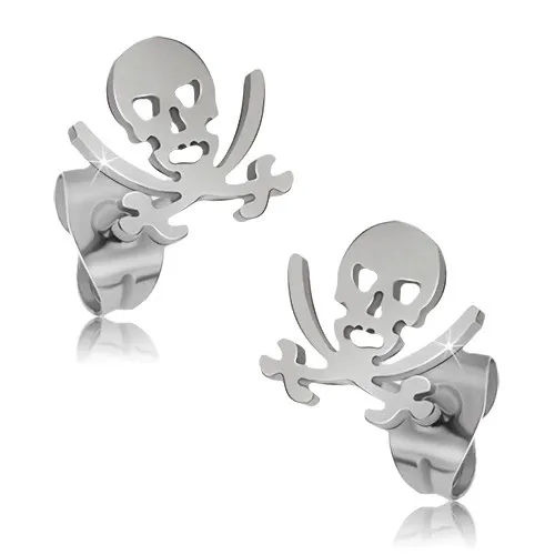 Lesklé ocelové náušnice, lebka a zkřížené šavle