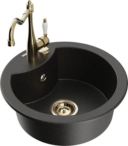 MEXEN/S Diego granitový dřez 1-miska včetně baterie Carla, černá/zlatá metalik 6512-75-670700-50