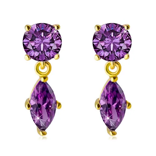 Zlaté náušnice 585 - třpytivé zirkony fialové barvy v kotlících s výřezy