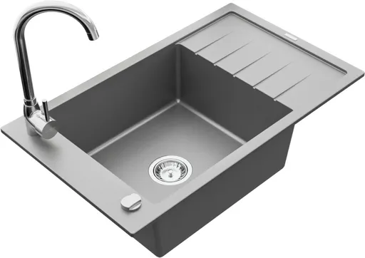 MEXEN/S Elias granitový dřez 1 s odkapávačem včetně baterie Telma, šedá 6511-71-670200-00