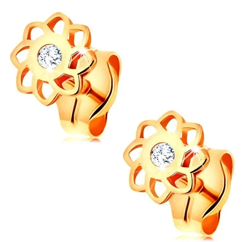 Zlaté náušnice 585 - blýskavý vyřezávaný kvítek se vsazeným čirým zirkonem