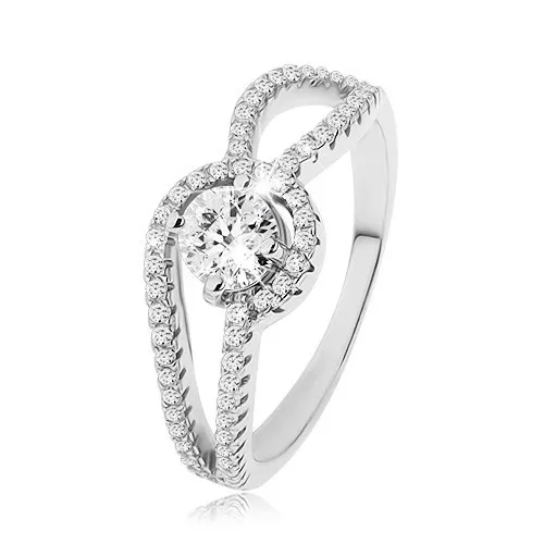 Stříbrný prsten 925, zdobená zaoblená ramena, kulatý čirý zirkon, vroubkování - Velikost: 51
