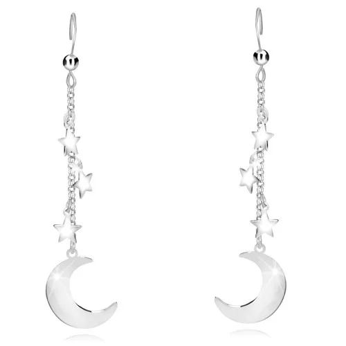 Náušnice ze stříbra 925 - srpek měsíce a tři hvězdičky, řetízek, afro háček