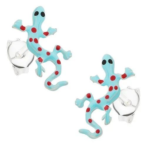 Puzetové náušnice, stříbro 925, puntíkovaná modročervená ještěrka