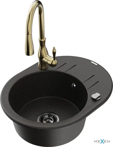 MEXEN/S Kevin granitový dřez 1 s odkapávačem včetně baterie Savita, černá/zlatá metalik 6517-75-672601-50-B