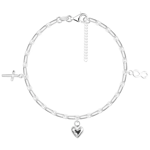 Stříbrný náramek 925 - křížek, srdce a symbol nekonečna, podlouhlá očka