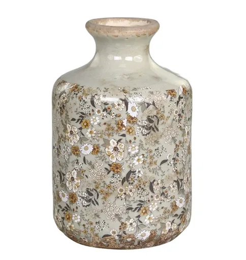 Zelená keramická dekorační váza s kvítky Florals Evry - Ø 11*17cm Chic Antique