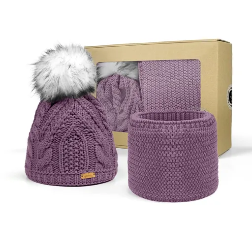 Bontis Dárkové balení: Dámská čepice s bambulí a nákrčník - Pudrově fialková