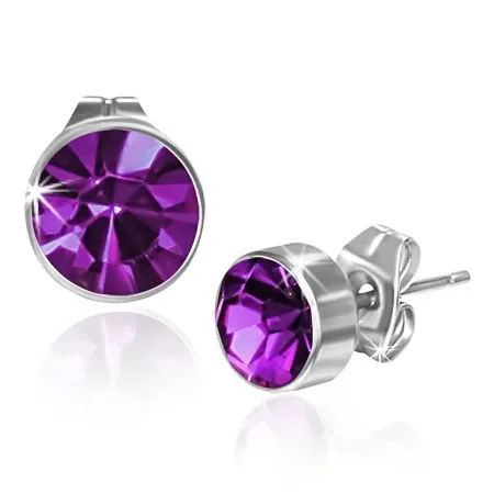 Ocelové náušnice, stříbrná barva, tmavě fialový kulatý zirkon, puzetky
