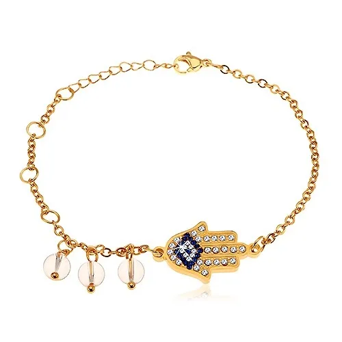 Náramek z chirurgické oceli, zlatý odstín, modro-čirá ruka Hamsa, čiré korálky