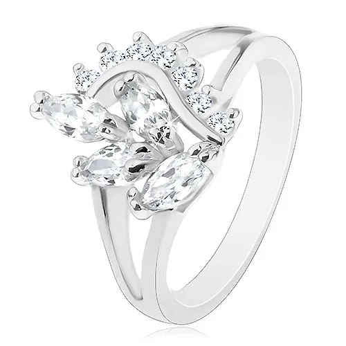 Prsten s lesklými rozdělenými rameny, čirá zirkonová větvička a vlnka - Velikost: 56