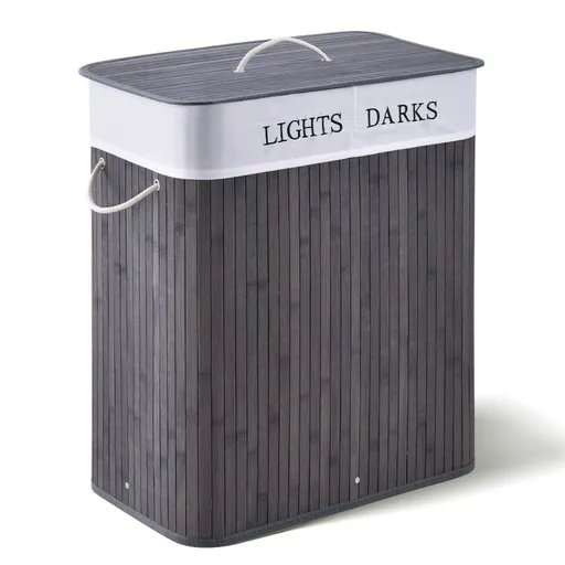 Bambusový koš na prádlo 100 l, 2 komory, šedý, s vakem