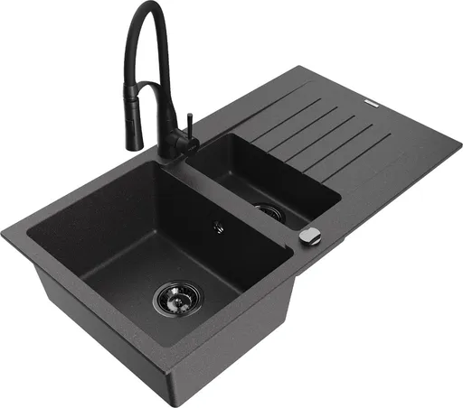MEXEN/S Matias granitový dřez 1.5 s odkapávačem včetně baterie Aster, černá kropenatá 6502-76-73450-70-B